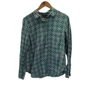 J. Crew Womens Top Size 12 Green Blue Printed Tunic Shirt Long Sleeve Silk Blnd